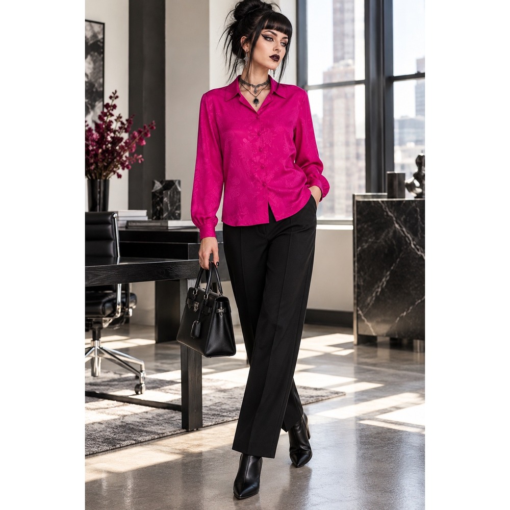 Christie & Jill Fuchsia Jacquard Frog Button Blouse Large Vintage Statement Top